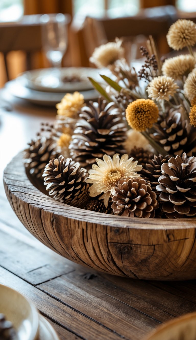 A wooden bowl filled with pinecones and dried flowers placed on a dining table.